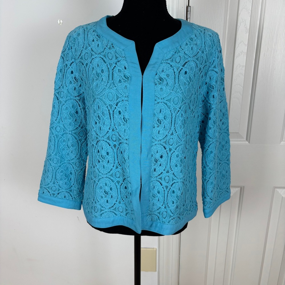 Aqua Blue Floral Lace Crochet Cardigan Jacket - Women